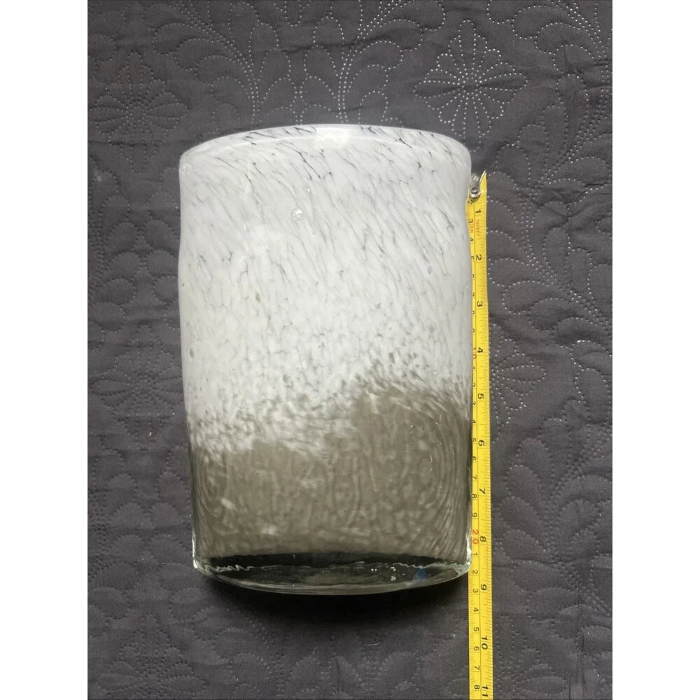 3pc Hand Blown Art Glass Vase Bottle Swirl White & Gray Mottled Set Heavy Decor